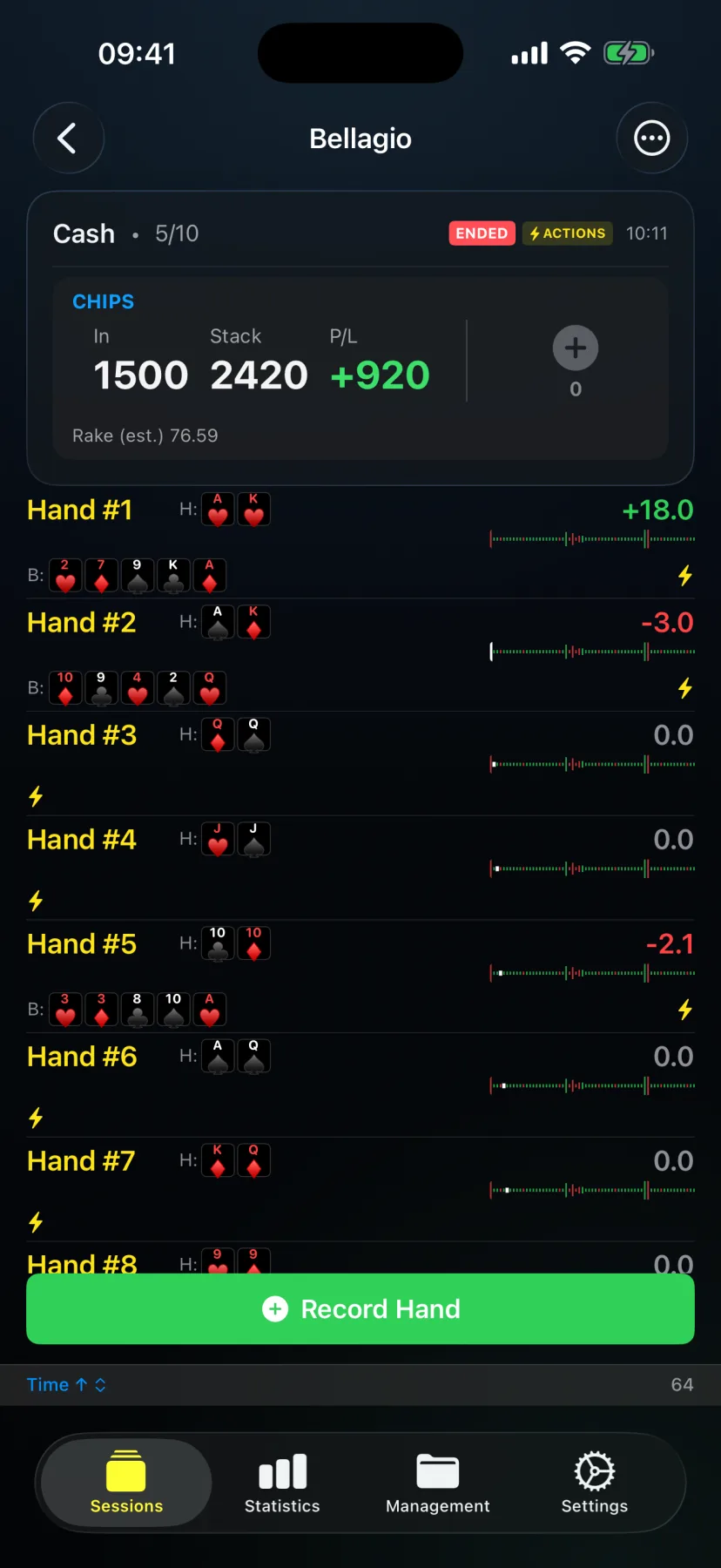 HandRecorder cash-game rake tracking — estimated rake shown on a live session on iPhone
