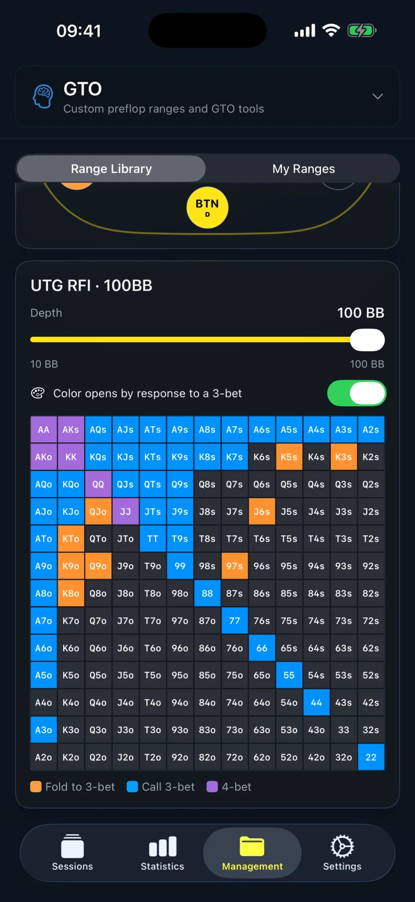 HandRecorder GTO range library on iPhone