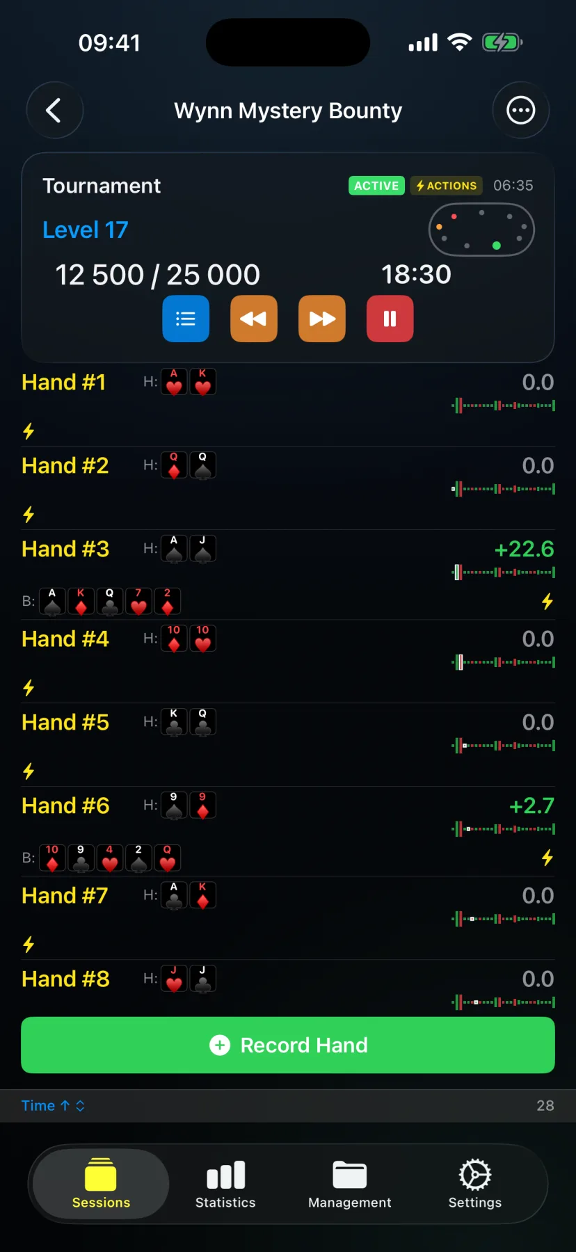 HandRecorder tournament timer with custom blinds