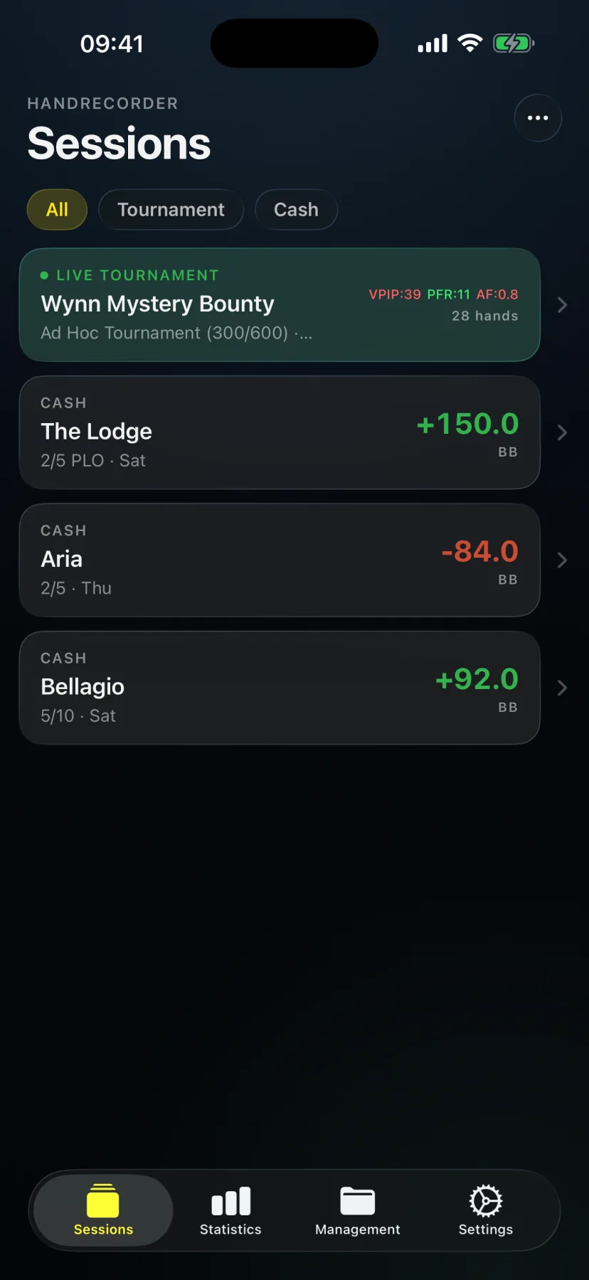 HandRecorder Sessions list with All / Tournament / Cash filters showing tracked tournaments and cash results on iPhone