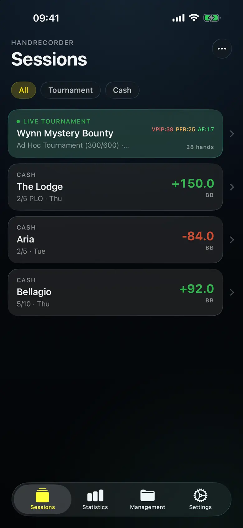 HandRecorder Sessions list with All / Tournament / Cash filters