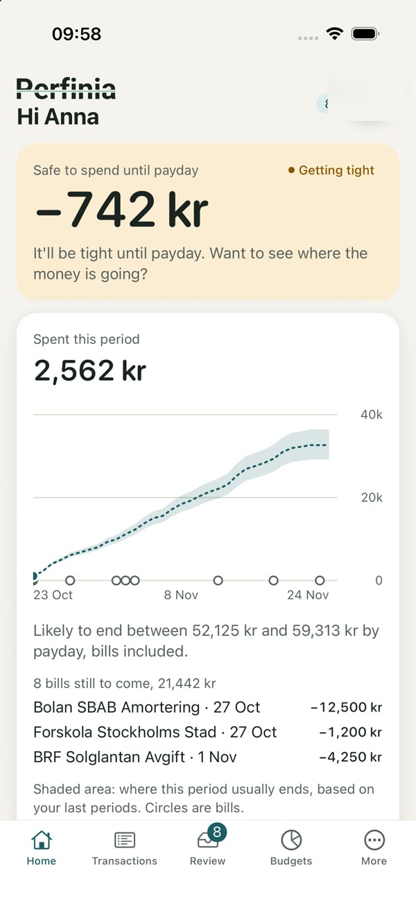 Perfinia home screen: safe to spend until payday, spending this period with a forecast band, and upcoming bills