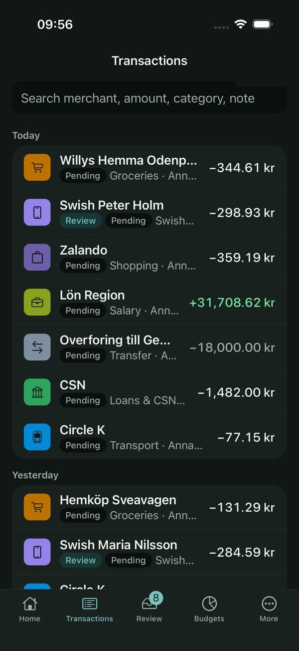 Transactions list