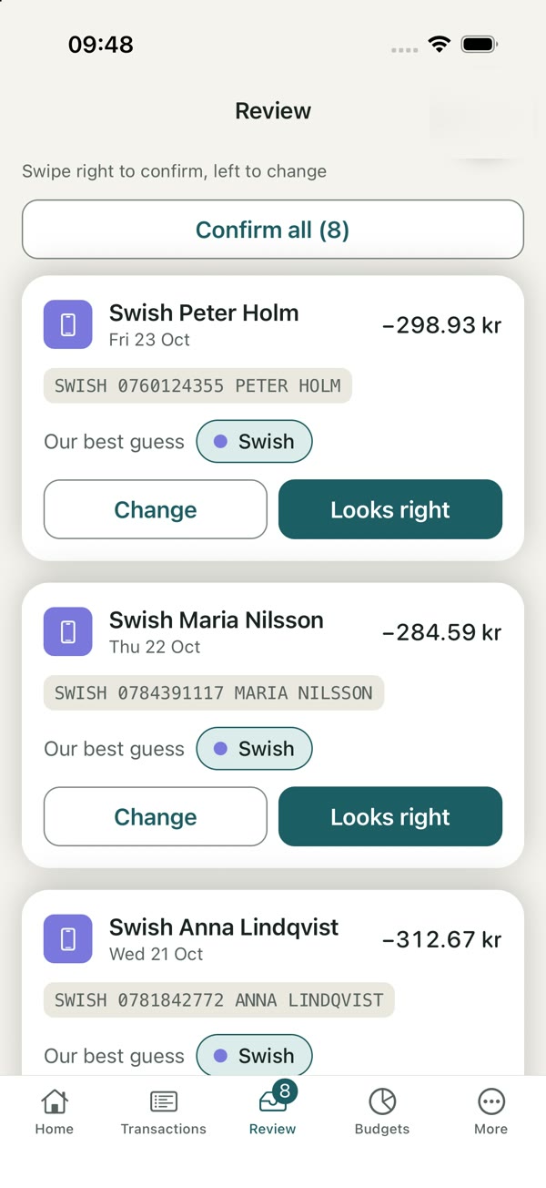 Review inbox with Swish payments, each with a suggested category and Change or Looks right buttons