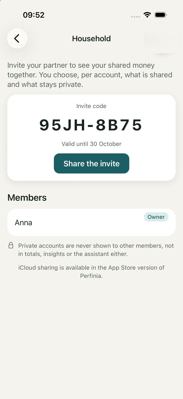 Household screen for inviting a partner and choosing shared accounts